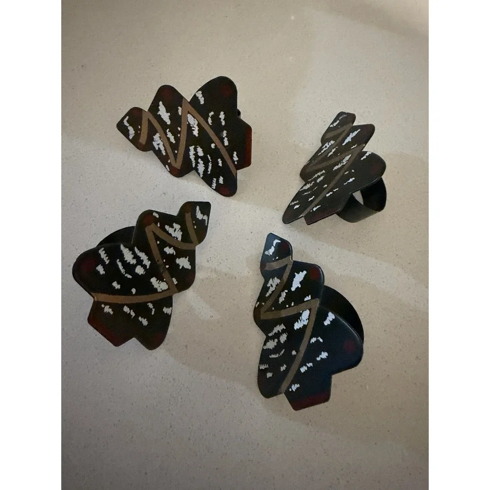 4 Christmas Tree Ugly Napkin Rings Dark Green Gold Red Metal 3¼
